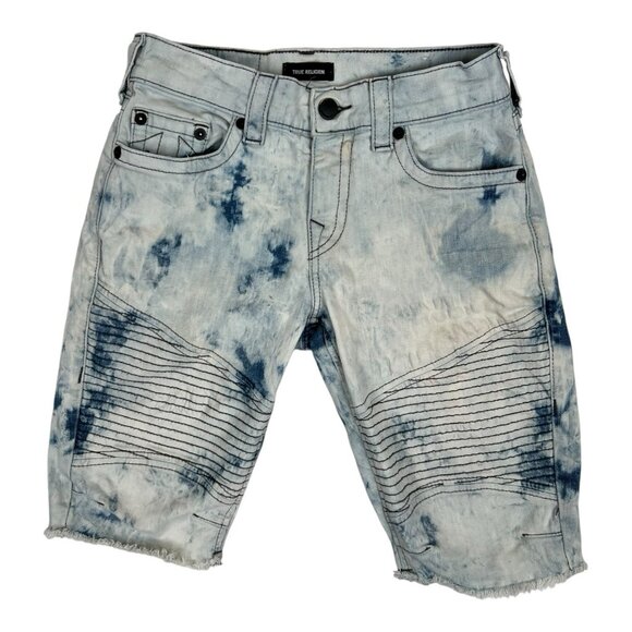 True Religion Jean Shorts Size 29 Geno Biker Moto Acid Wash - Picture 1 of 7